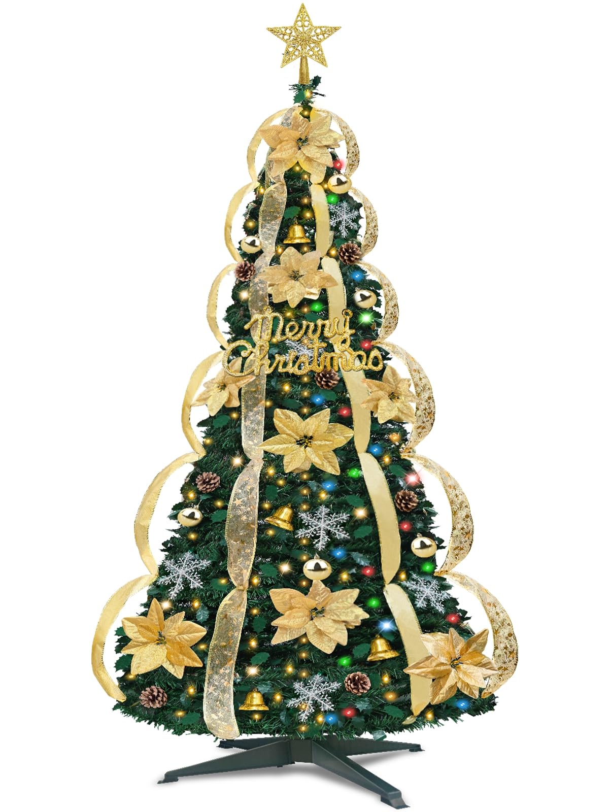 6 FT Prelit Pop Up Christmas Tree with 200 Warm White & Multicolor Lights 8 Modes & Timer Fully Decorated 103 Ornaments, Collapsible Pull Up Christmas Tree with Lights for Indoor Home Party Decor