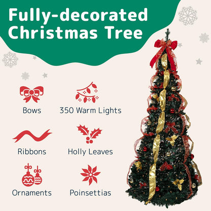 PREXTEX 6 ft Fully Decorated Christmas Tree, Gold and Red Collapsible Christmas Tree with 350 Warm Lights, Bows, Ornaments, Holly Leaves and More, Pop Up Xmas Trees with Lights