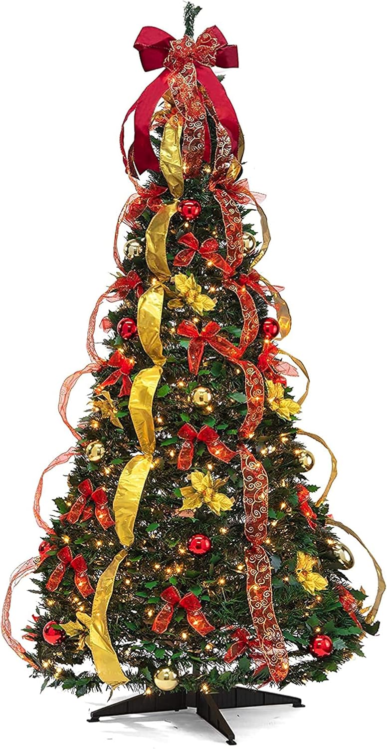 PREXTEX 6 ft Fully Decorated Christmas Tree, Gold and Red Collapsible Christmas Tree with 350 Warm Lights, Bows, Ornaments, Holly Leaves and More, Pop Up Xmas Trees with Lights