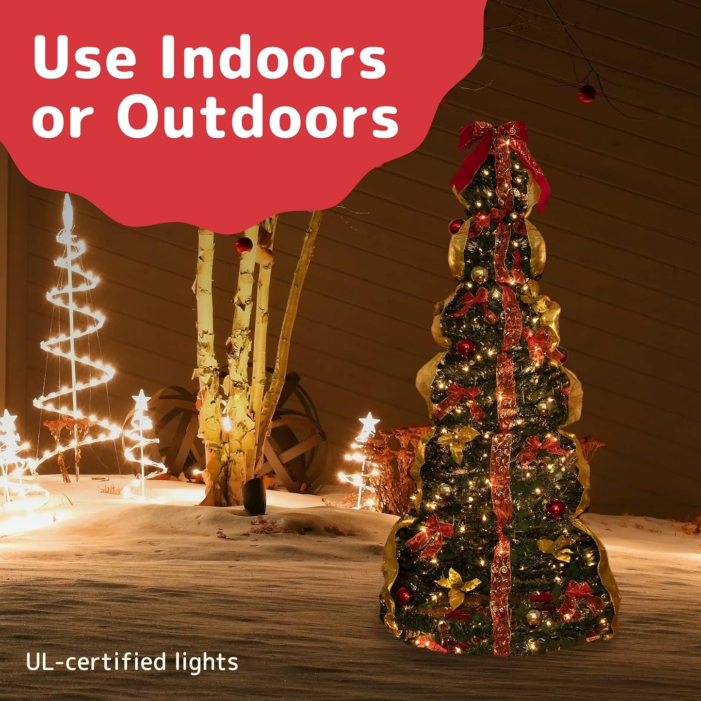 PREXTEX 6 ft Fully Decorated Christmas Tree, Gold and Red Collapsible Christmas Tree with 350 Warm Lights, Bows, Ornaments, Holly Leaves and More, Pop Up Xmas Trees with Lights