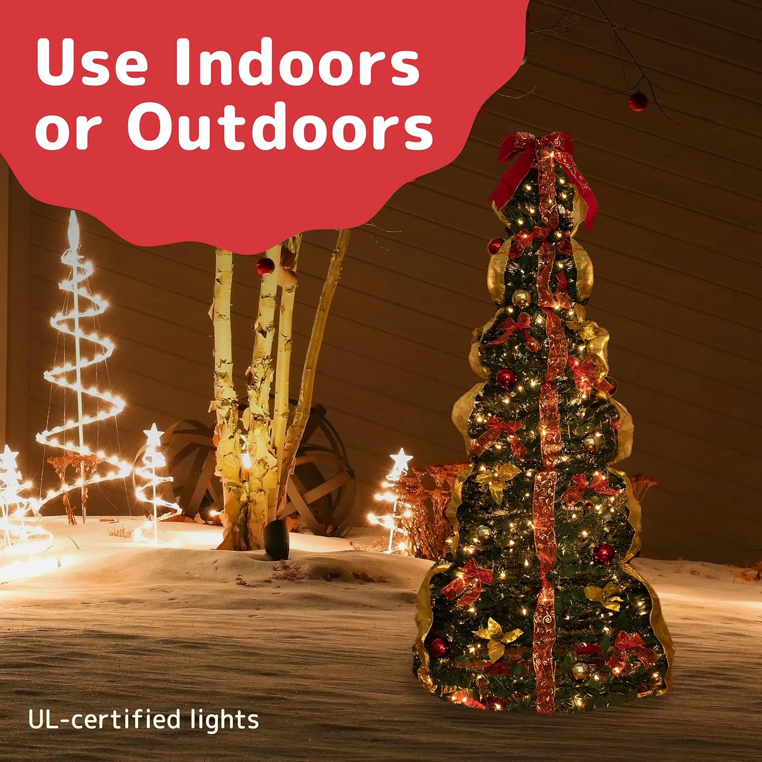 PREXTEX 6 ft Fully Decorated Christmas Tree, Gold and Red Collapsible Christmas Tree with 350 Warm Lights, Bows, Ornaments, Holly Leaves and More, Pop Up Xmas Trees with Lights