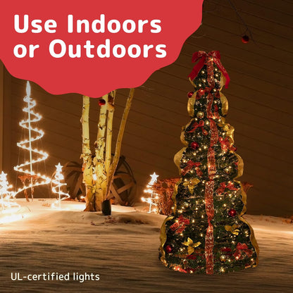 PREXTEX 6 ft Fully Decorated Christmas Tree, Gold and Red Collapsible Christmas Tree with 350 Warm Lights, Bows, Ornaments, Holly Leaves and More, Pop Up Xmas Trees with Lights