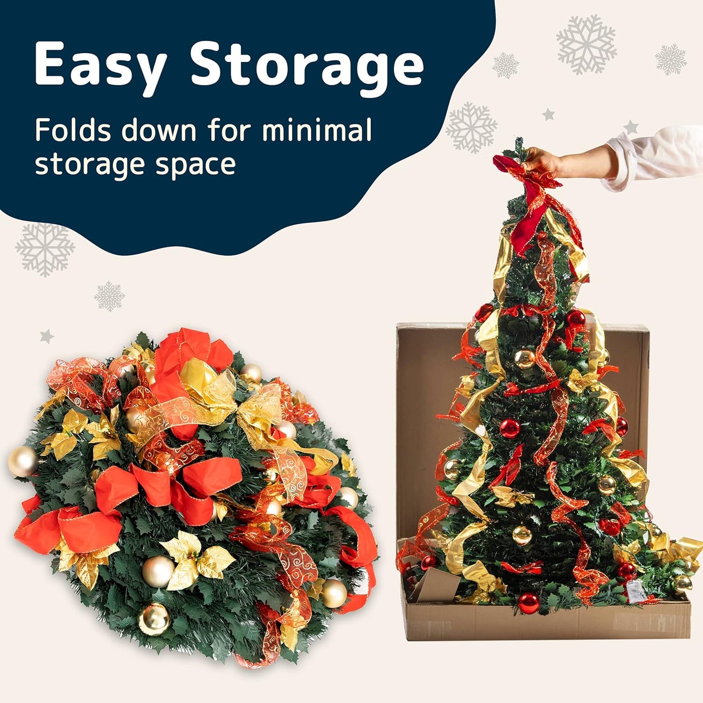 PREXTEX 6 ft Fully Decorated Christmas Tree, Gold and Red Collapsible Christmas Tree with 350 Warm Lights, Bows, Ornaments, Holly Leaves and More, Pop Up Xmas Trees with Lights