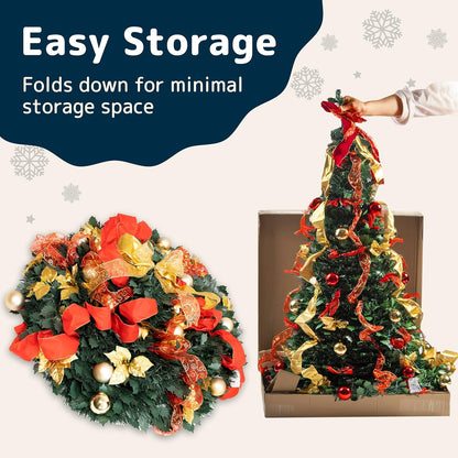 PREXTEX 6 ft Fully Decorated Christmas Tree, Gold and Red Collapsible Christmas Tree with 350 Warm Lights, Bows, Ornaments, Holly Leaves and More, Pop Up Xmas Trees with Lights